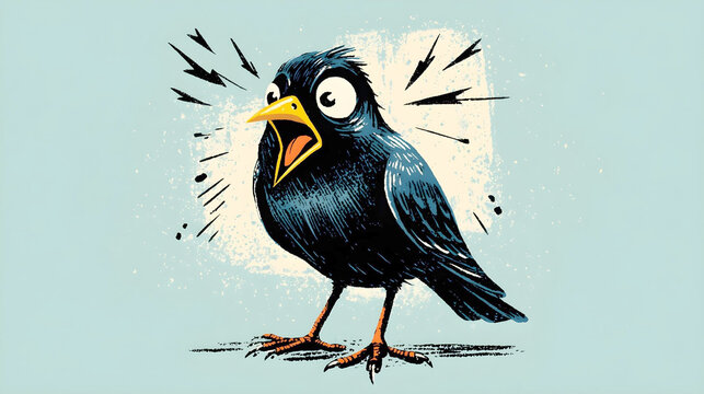 startled dark blue bird with a bright yellow beak squawks loudly, featuring wide-eyed shock and sharp, energetic motion lines on a textured backdrop