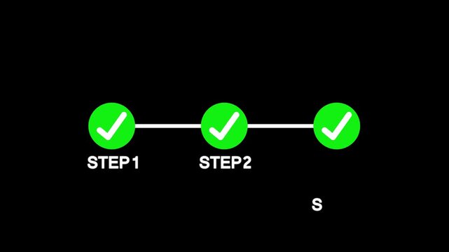 infographic step by step process icon animation on black background, three steps process success with check marks.