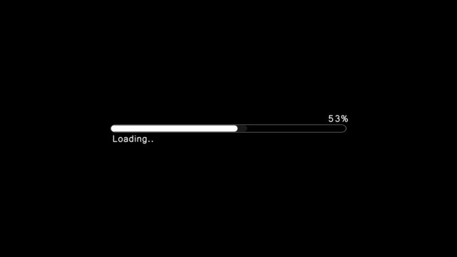 Glitch loading bar. Animation of cyberpunk style loading bar with glitch effect. Futuristic uploading progress bar with distortion effect isolated on black background. Loading screen cyberpunk style.
