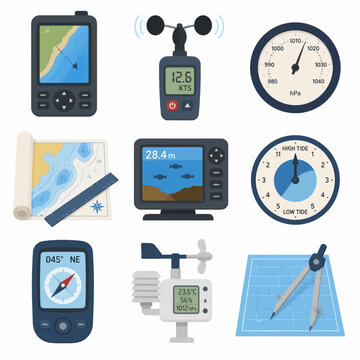 Nautical navigation and weather equipment icons set including handheld GPS, anemometer, barometer, nautical chart, fishfinder sonar, tide gauge, digital compass, and weather station unit.