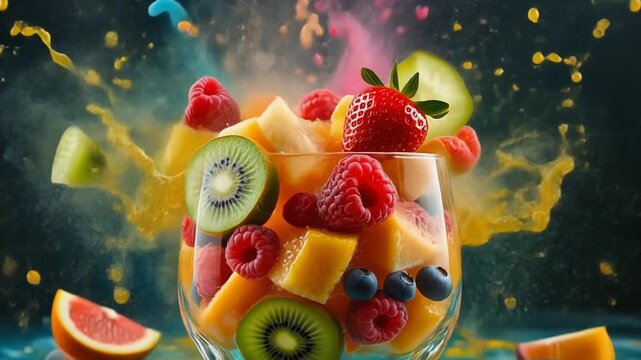 Glass bowl of colorful fruits bursting with dynamic juice splashes, vivid contrast against dark background, abstract visualization of freshness, vitality, and energetic natural flavor explosion.