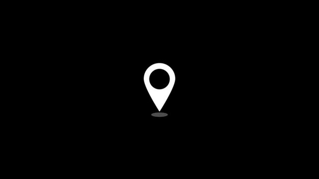 Simple white location pin icon centered on a solid black background.