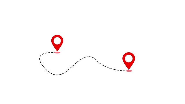 Two red location pin icon animations connected by dotted path on white background and green screen. 4K animated for business video, motion graphics, map visuals, navigation, and presentations.