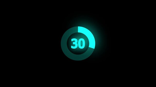 Numerical counting from 0 to 30. Circular progress bar with bright neon blue light. Countdown timer from 0 to 30 seconds real time. Modern flat design of countdown animation on black background.