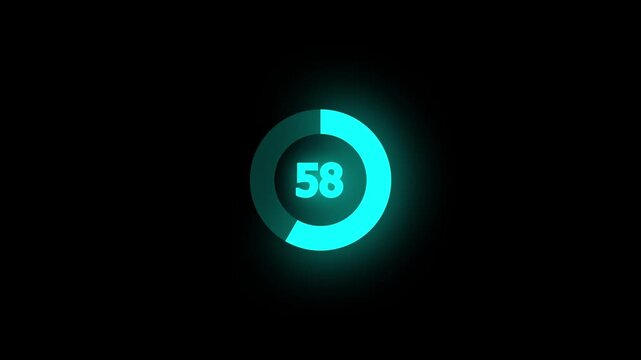 Numerical counting from 0 to 100. Circular progress bar with bright neon blue light. Countdown timer from 0 to 100 seconds real time. Modern flat design of countdown animation on black background.