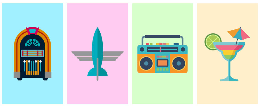 Minimalist flat vector illustration of nostalgic music and summer elements bundle.