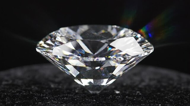 Close up of sparkling diamond reflecting colorful light beams on black surface with shiny facets
