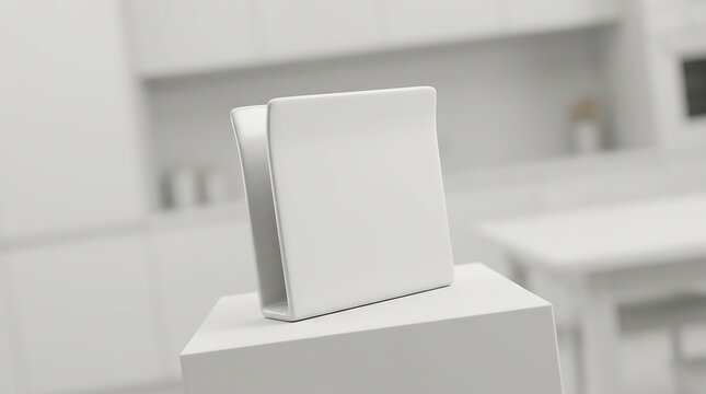 Blank white square napkin holder mockup on a clean pedestal for home decor branding and interior design visualization