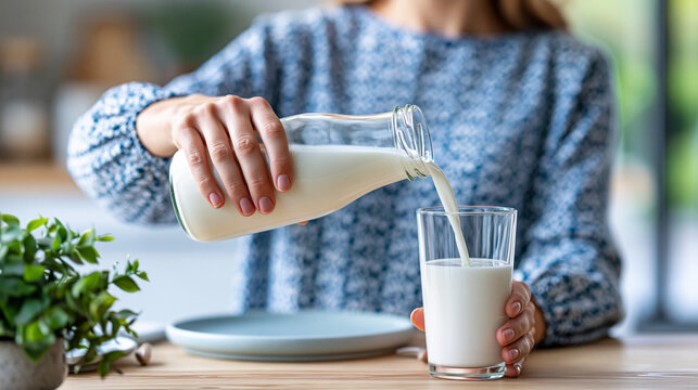 Healthy woman pouring fresh milk into a glass at home, calcium and strong bones concept, high protein dairy product for wellness and daily routine, defocused background, with copy