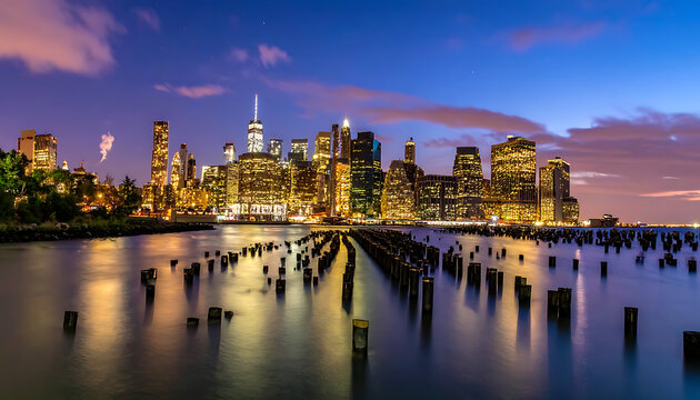 Manhattan skyline at twilight, glowing city lights reflecting on water with old pier pilings in foreground, vibrant cityscape