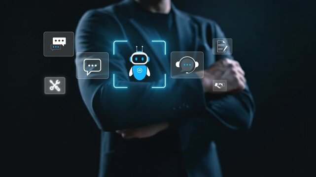 AI customer support, Conversational virtual assistant, Chatbot automatically responding, Business professional interacting with artificial intelligence chatbot interface, customer support automation