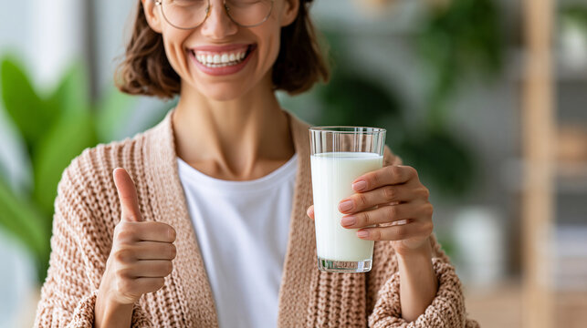 Healthy woman holding a glass of fresh milk and giving a thumbs up at home, calcium and strong bones concept, dairy product for wellness and daily routine, defocused background,