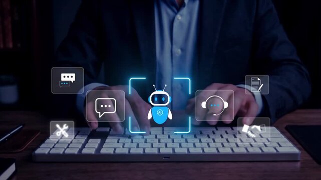AI customer support, Conversational virtual assistant, Chatbot automatically responding, Business professional interacting with artificial intelligence chatbot interface, customer support automation