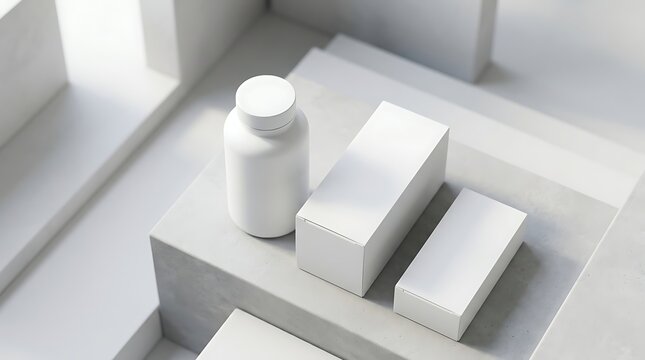 Blank white supplement bottle and packaging boxes arranged on geometric stone platforms for premium product display