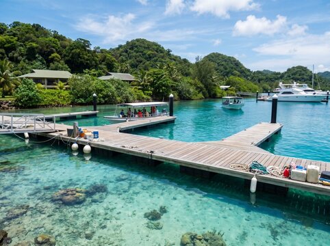 Crystal Clear Waters at Malakal Harbor in Koror with Tropical Boats and Emerald Islands Across Palau