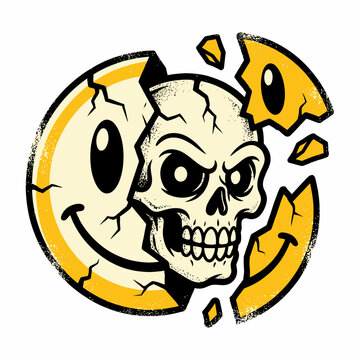 Cracked smiley face revealing a skull, symbolizing hidden darkness or duality