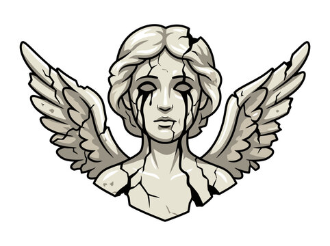 A cracked stone angel statue with dark weeping eyes and spread wings.