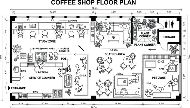 Coffee shop floor plan, Hand Drawn Coffee House Architectural Floor Plan restaurant , cafe design