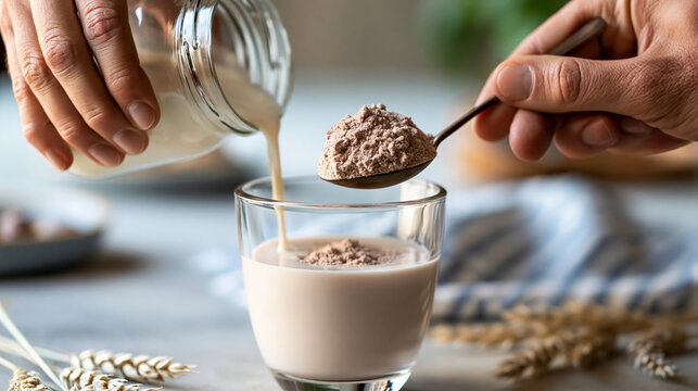 Hand pouring protein powder into a glass of milk, healthy supplement routine, fitness and nutrition concept, faceless close-up, defocused background, with copy space