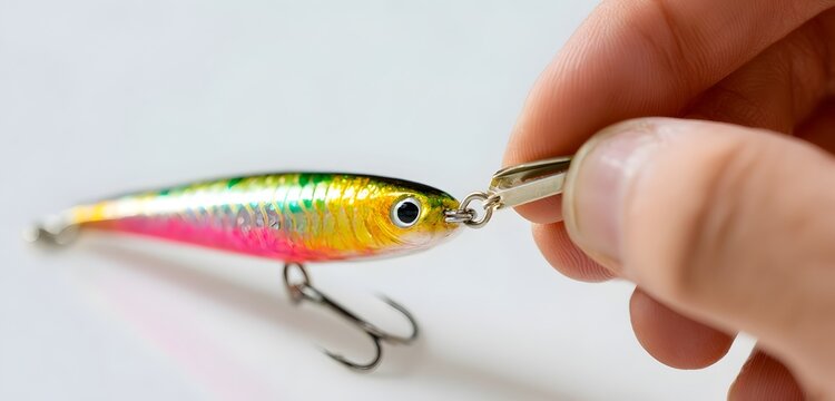 A hand holding a shiny fishing lure with hooks on a white surface