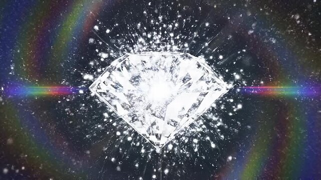 Bright sparkling diamond with colorful light reflections and glittering particles on dark background