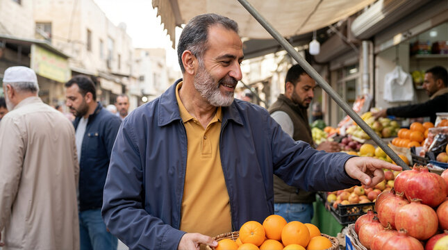 Smiling middle eastern man buying fresh fruit at an outdoor market. Happy adult customer pointing at pomegranates and holding a basket of oranges at a street bazaar