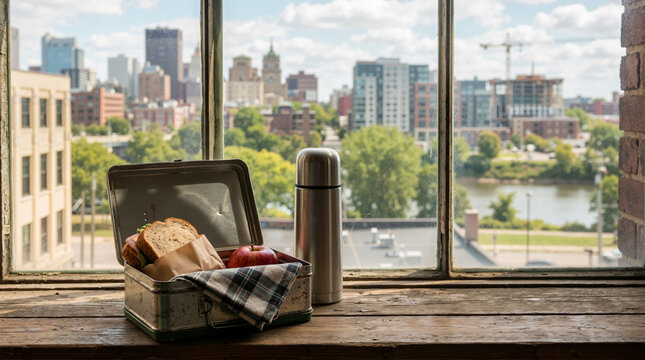 Vintage metal lunchbox with a sandwich and apple on a wooden windowsill. Stainless steel thermos next to a window overlooking a blurred city skyline. Traditional work lunch break concept
