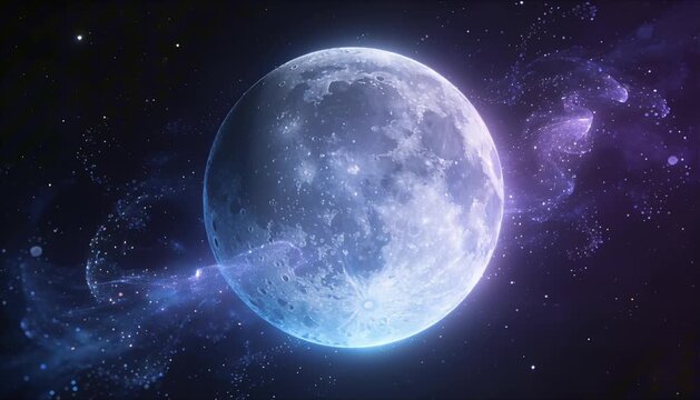 cinematic outer space background with subtle cosmic particles drifting around glowing moon elegant sci fi visual perfect for International Moon Day