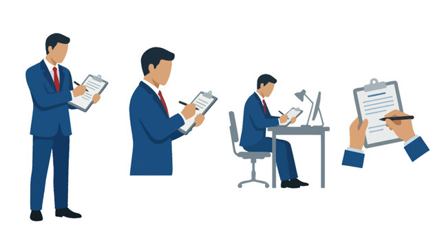 Business professionals writing notes and working with clipboards.