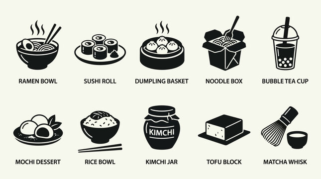 Contemporary Asian food silhouette vector collection featuring ramen bowl  sushi roll  dumpling basket  noodle box  bubble tea cup  mochi dessert  rice bowl  kimchi jar  tofu block  and matcha whisk