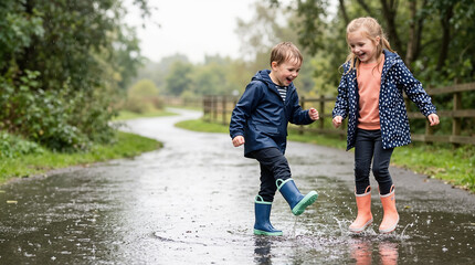 Fototapeta premium Children jumping in rain puddles wearing rubber boots. Smiling boy and girl splashing on a wet park path. Kids playing outdoors in rainy weather