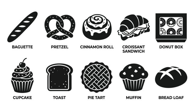 Flat silhouette vector icon set inspired by modern bakery products: baguette, pretzel, cinnamon roll, croissant sandwich, donut box, cupcake, toast slice, pie tart, muffin, and bread loaf