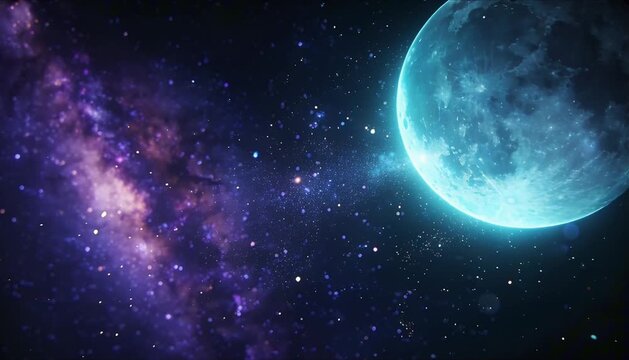 cinematic outer space background with subtle cosmic particles drifting around glowing moon elegant sci fi visual perfect for International Moon Day