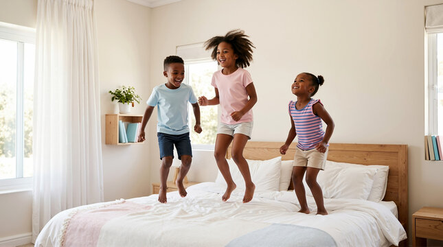 African children jumping on a bed in a bright bedroom. Happy kids playing and laughing at home. Active childhood and domestic life concept