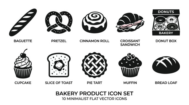 Flat silhouette vector icon set inspired by modern bakery products: baguette, pretzel, cinnamon roll, croissant sandwich, donut box, cupcake, toast slice, pie tart, muffin, and bread loaf