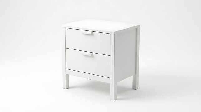 Isolated modern white wooden bedside nightstand with two drawers for interior bedroom furnishing and home decor mockups