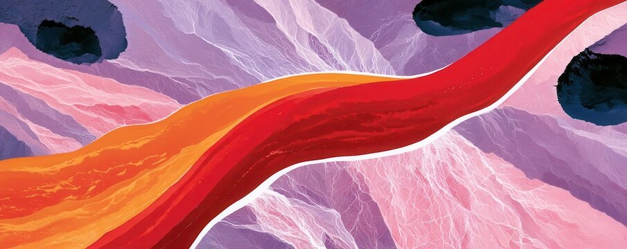 Vibrant abstract aerial landscape with flowing red river and textured pink and purple terrain