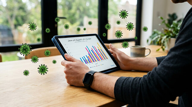 Person holding tablet showing bar graph surrounded by green virus particles hands