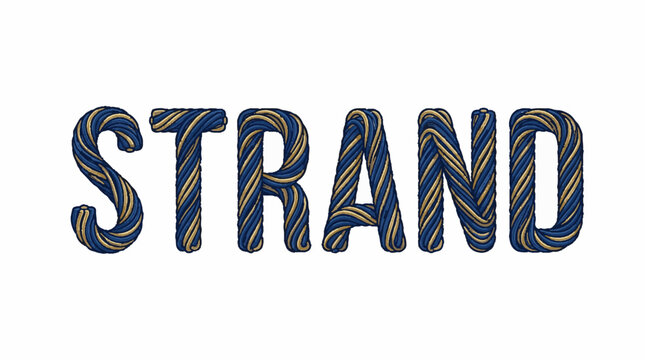 The word STRAND written in a stylized font made of intertwined blue and gold nautical rope texture isolated on a plain white background