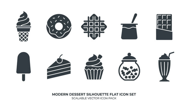 Modern dessert silhouette flat icon set including soft ice cream cone  donut  waffle  pudding cup  chocolate bar  popsicle  cake slice  cupcake  candy jar  and milkshake glass