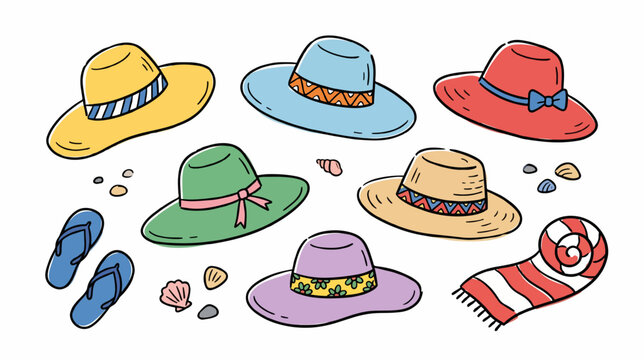 Summer beach hats and accessories collection. Hand-drawn vector illustration of sun hats, flip flops and seashells. Isolated on white background