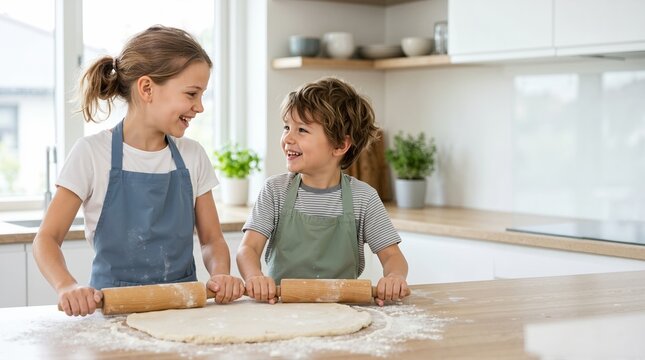 Siblings rolling dough together in a bright kitchen. Happy children baking with rolling pins. Family teamwork and childhood concept