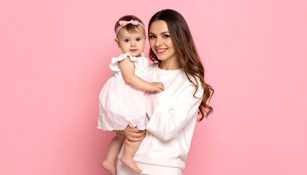 Mother holding baby girl, smiling together, pink background, love and family concept, gentle moment