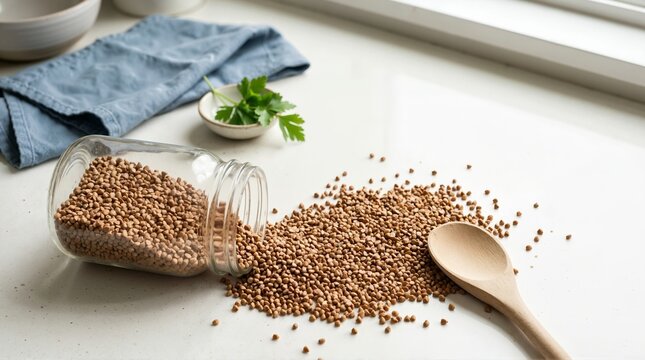 Spilled pile of raw brown kasha grains from a glass jar onto a white countertop. Wooden spoon and fresh parsley in the background. Kitchen cooking mess