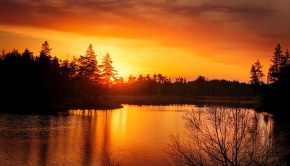 Fototapeta premium Serene Forest Landscape At Sunset With Warm Orange Sky Lake And Silhouetted Trees