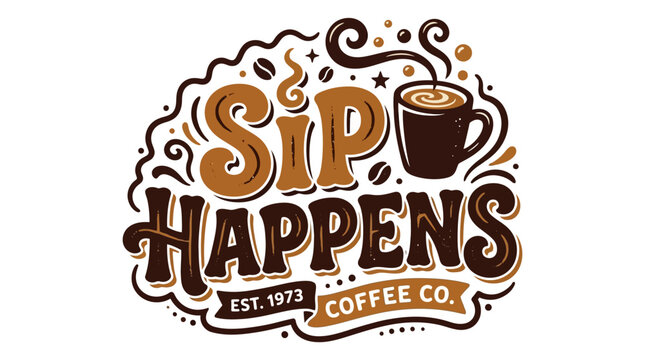 Sip Happens Coffee Co. Est. 1973 Hand-Drawn Logo with Coffee Cup and Steam