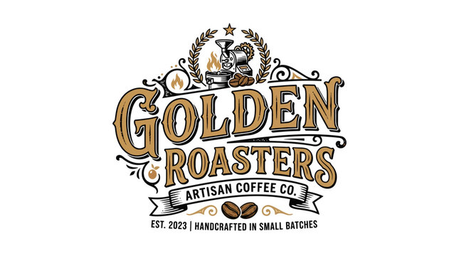 Golden Roasters Artisan Coffee Co. Logo with Coffee Beans and Roasting Machine Emblem