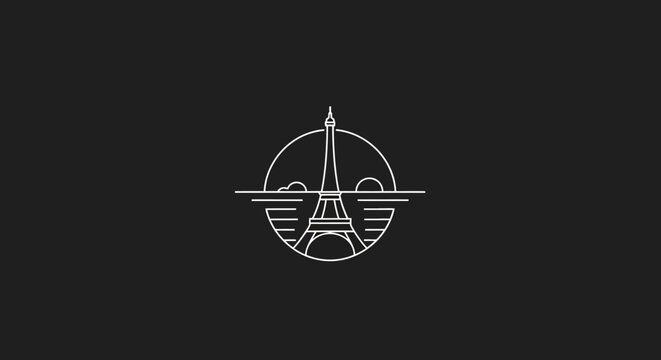 Minimalist logo of the Eiffel Tower in Paris with a sunrise