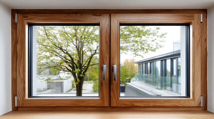 Fototapeta premium Modern wooden window frame with a neutral view of natural outdoor green trees and contemporary building architecture, focus on natural light