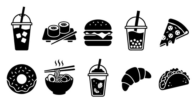 Modern silhouette flat vector icon set featuring contemporary foods and beverages%3A iced coffee  sushi  burger  bubble tea  pizza slice  donut  ramen bowl  smoothie cup  croissant  and taco